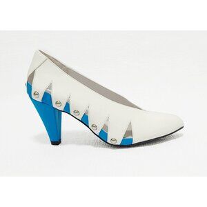 Jeffrey Campbell White Blue Heel Leather With Cut Out Pumps Size 6